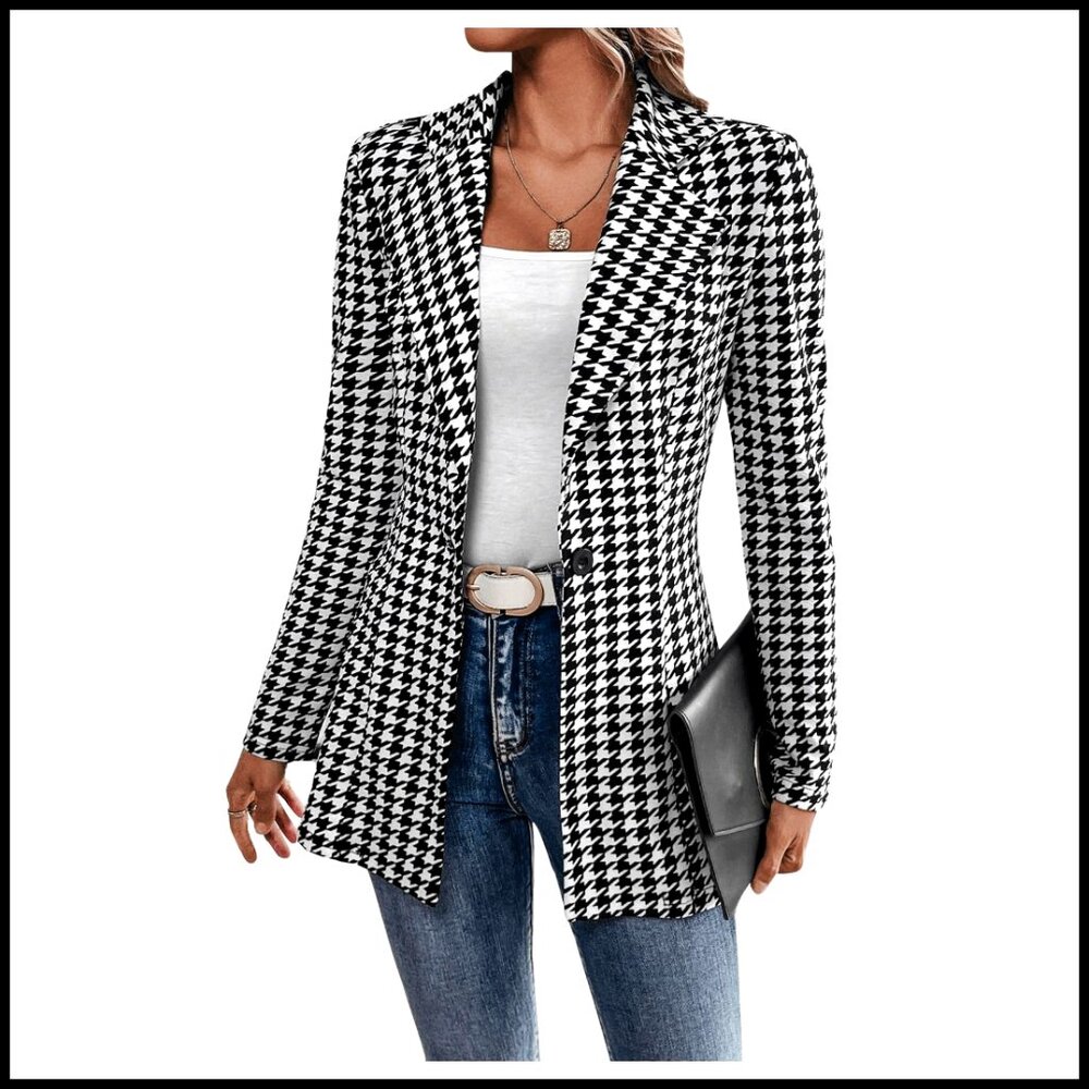 Houndstooth Long Sleeve Blazer Slim Fit Stretch Fabric Office Casual
